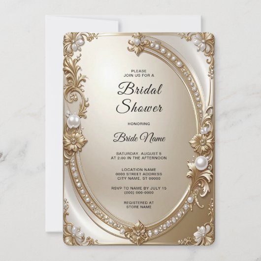 Golden Ornate Frame with Pearls Bridal Shower 招待状 (正面)