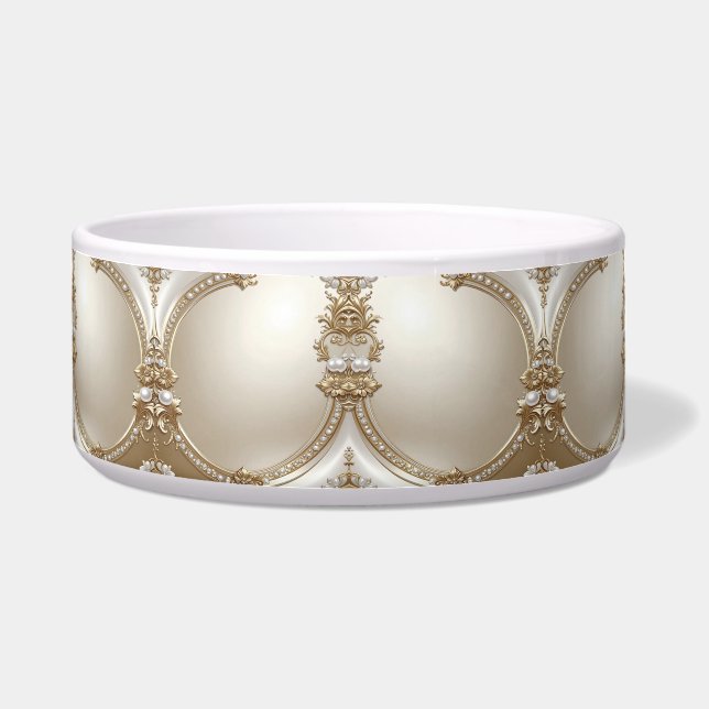 Golden Ornate Frame with Pearls Ceramic Pet Bowl ボウル (正面)