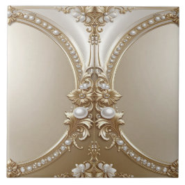 Golden Ornate Frame with Pearls Ceramic Tile タイル