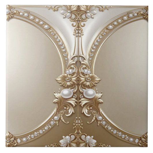 Golden Ornate Frame with Pearls Ceramic Tile タイル (正面)