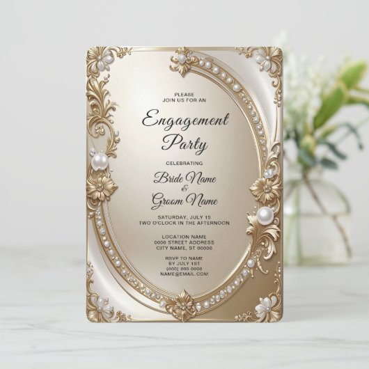 Golden Ornate Frame with Pearls Engagement 招待状 (スタンド正面)