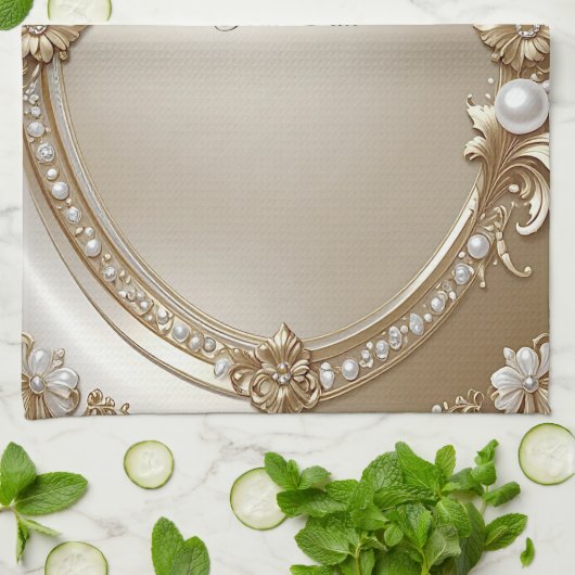 Golden Ornate Frame with Pearls Kitchen Towel キッチンタオル (折り畳み)