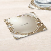 Golden Ornate Frame with Pearls Paper Coaster スクエアペーパーコースター (アングル)