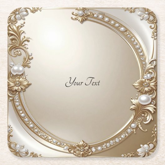 Golden Ornate Frame with Pearls Paper Coaster スクエアペーパーコースター (正面)