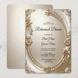 Golden Ornate Frame with Pearls Rehearsal Dinner 招待状