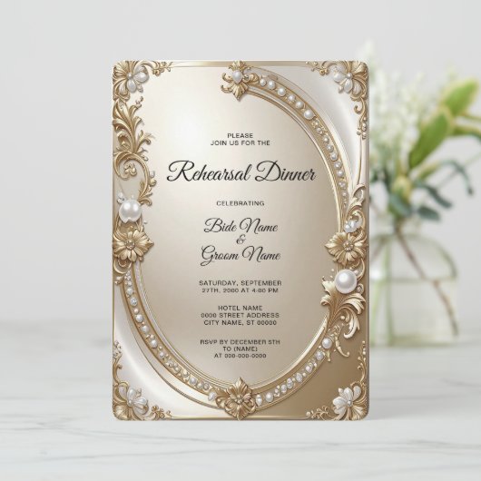 Golden Ornate Frame with Pearls Rehearsal Dinner 招待状 (スタンド正面)