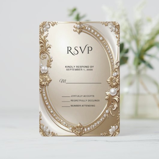 Golden Ornate Frame with Pearls RSVP Card (スタンド正面)