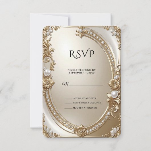 Golden Ornate Frame with Pearls RSVP Card (正面)