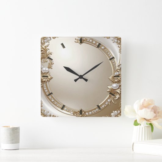 Golden Ornate Frame with Pearls Wall Clock スクエア壁時計 (ホーム)