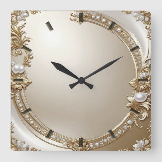 Golden Ornate Frame with Pearls Wall Clock スクエア壁時計