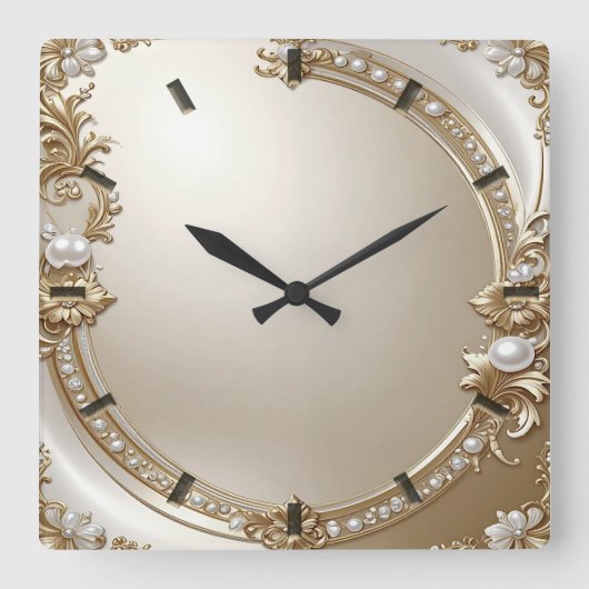 Golden Ornate Frame with Pearls Wall Clock スクエア壁時計 (正面)