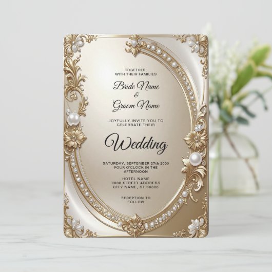 Golden Ornate Frame with Pearls Wedding Invitation 招待状 (スタンド正面)