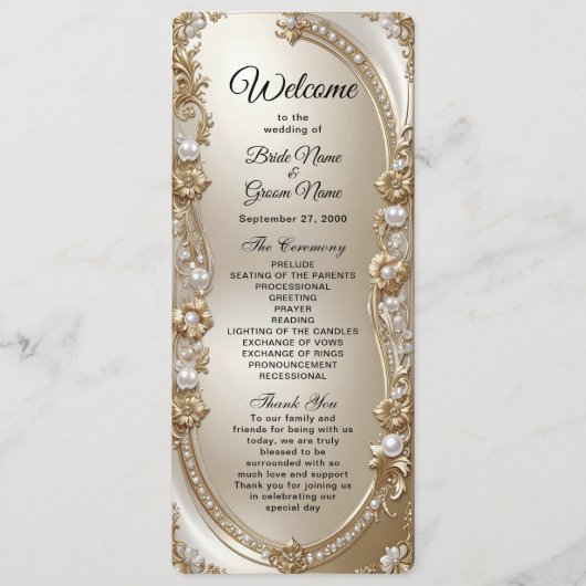 Golden Ornate Frame with Pearls Wedding Program プログラム (正面)