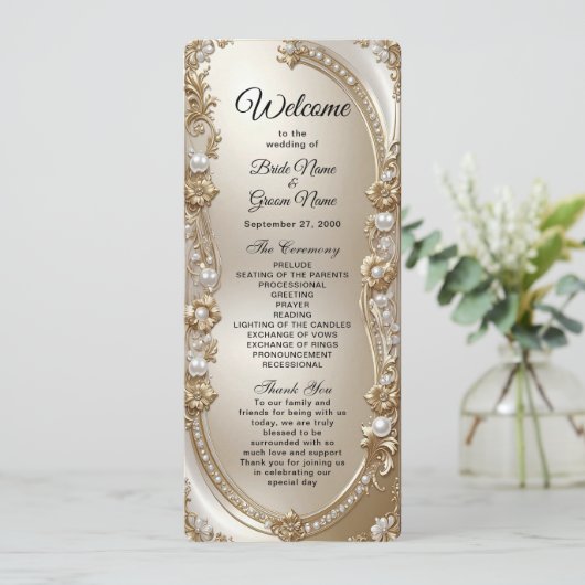 Golden Ornate Frame with Pearls Wedding Program プログラム (スタンド正面)