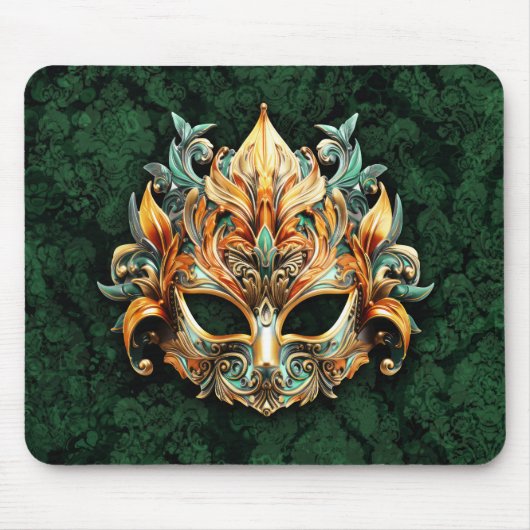Golden Ornate Mask on Forest Green Background マウスパッド (正面)