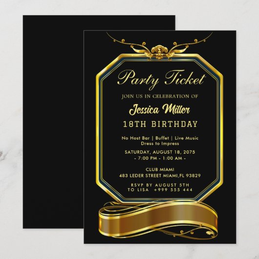 Golden Party Ticket Invitation 招待状 (正面/裏面)