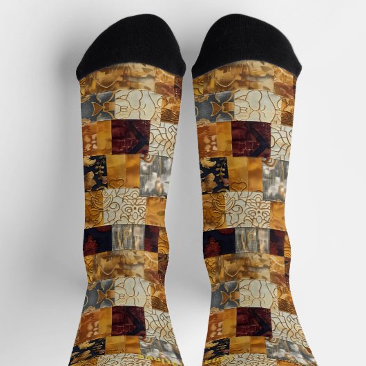 Golden Patchwork Art Socks – Custom Elegant Design ソックス (上部)