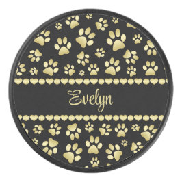 Golden Paw Prints on Black with Custom Name アイスホッケーパック