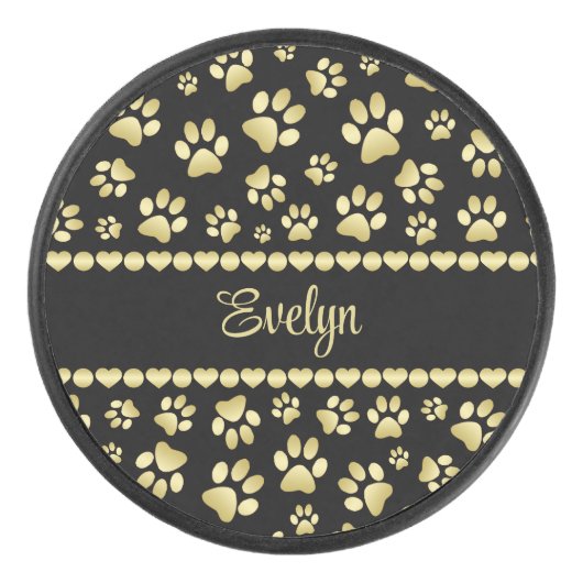 Golden Paw Prints on Black with Custom Name アイスホッケーパック (正面)