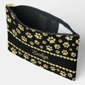 Golden Paw Prints on Black with Custom Name アクセサリーポーチ (見開き)