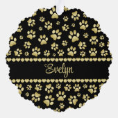 Golden Paw Prints on Black with Custom Name オーナメントカード (裏面)