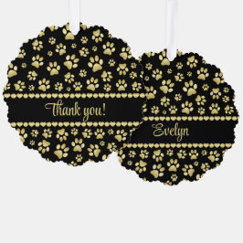 Golden Paw Prints on Black with Custom Name オーナメントカード
