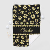Golden Paw Prints on Black with Custom Name ゴルフタオル (インサイチュ)