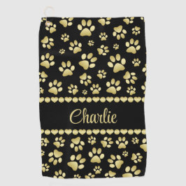 Golden Paw Prints on Black with Custom Name ゴルフタオル