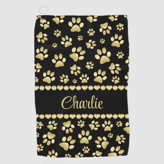 Golden Paw Prints on Black with Custom Name ゴルフタオル (正面)