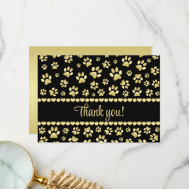 Golden Paw Prints on Black with Custom Name サンキューカード