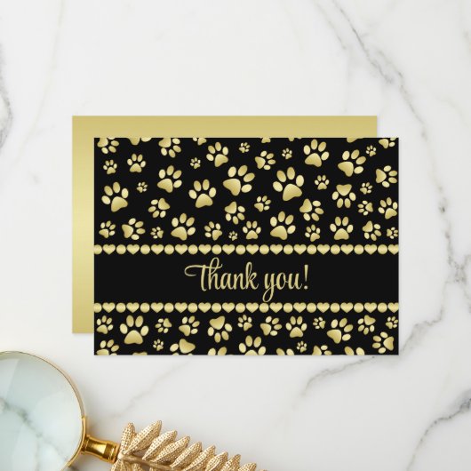 Golden Paw Prints on Black with Custom Name サンキューカード (正面/裏面インサイチュ)