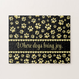 Golden Paw Prints on Black with Custom Name ジグソーパズル