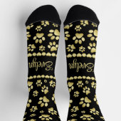 Golden Paw Prints on Black with Custom Name ソックス (上部)