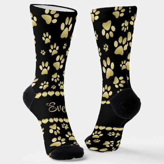 Golden Paw Prints on Black with Custom Name ソックス (傾斜あり)
