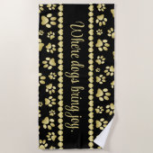 Golden Paw Prints on Black with Custom Name ビーチタオル (正面)