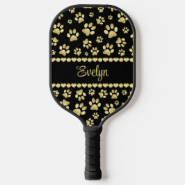 Golden Paw Prints on Black with Custom Name ピックルボールラケット