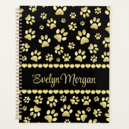 Golden Paw Prints on Black with Custom Name プランナー手帳