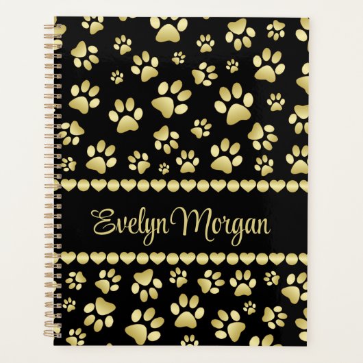 Golden Paw Prints on Black with Custom Name プランナー手帳 (正面)
