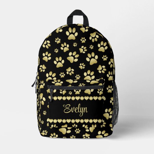 Golden Paw Prints on Black with Custom Name プリントバックパック (正面)