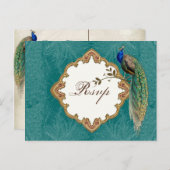 Golden Peacock & Swirls - RSVP応答はがき インビテーションポストカード (正面/裏面)