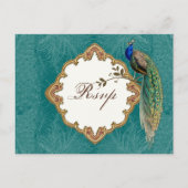 Golden Peacock & Swirls - RSVP応答はがき インビテーションポストカード (正面)