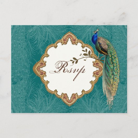 Golden Peacock & Swirls - RSVP応答はがき インビテーションポストカード (正面)