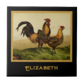 Golden Penciled Hamburg Roosters Black Monogram タイル (正面)