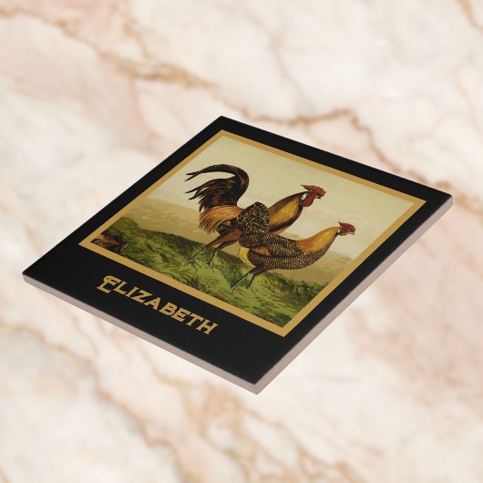 Golden Penciled Hamburg Roosters Black Monogram タイル