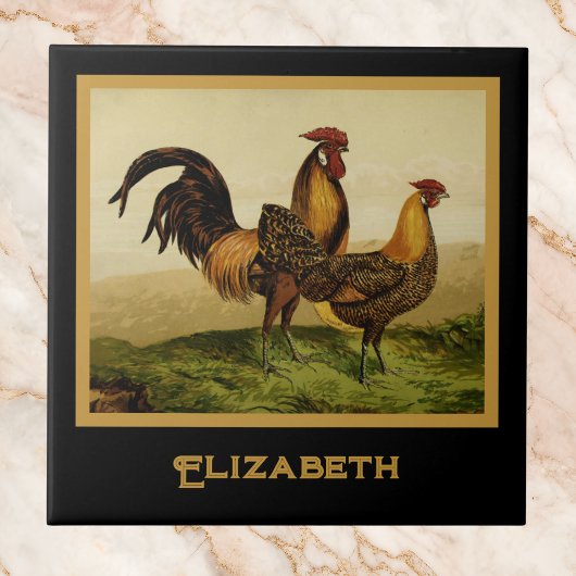 Golden Penciled Hamburg Roosters Black Monogram タイル