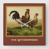 Golden Penciled Hamburg Roosters Hens on Farm スクエア壁時計 (正面)