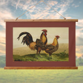 Golden Penciled Hamburg Roosters Hens on Farm Red 吊り下げ型タペストリー