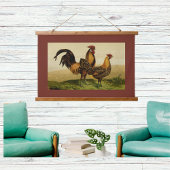 Golden Penciled Hamburg Roosters Hens on Farm Red 吊り下げ型タペストリー