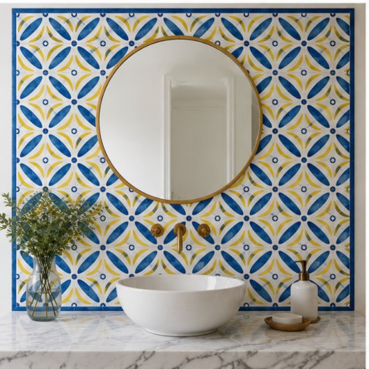Golden Petals Modern Blue Yellow Floral Mosaic タイル