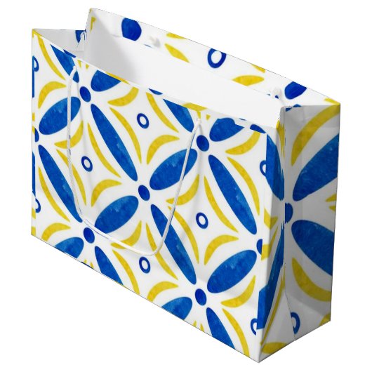 Golden Petals Modern Blue Yellow Floral Mosaic ラージペーパーバッグ (正面アングル)
